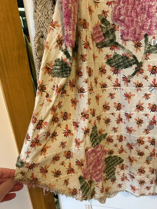 A Rare Bird Floral Patchwork Button-Up Shirt Dress in Pink and Green - Picture 7 of 11